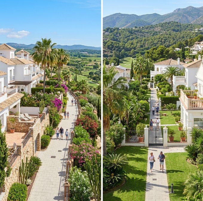 Vistas de las villas, jardines y calles residenciales de la urbanización Cerros del Águila en Mijas Costa, Málaga
